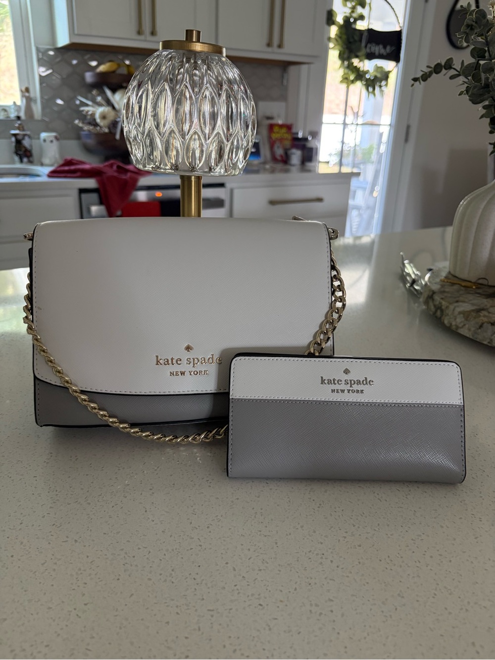 kate spade Two-Tone White & Light Gray Crossbody Bag with Matching Wallet.